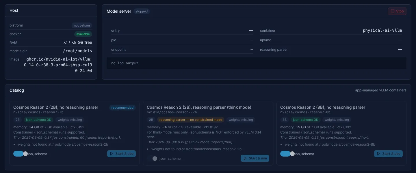 Model page of the operator console: host memory, model server state and a catalog of Cosmos-Reason2 containers, with the reasoning-parser container marked as not supporting constrained mode.